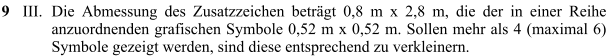 9 III.  Die Abmessung des Zusatzzeichen beträgt 0,8 m x 2,8 m, die der in einer Reihe anzuordnenden grafischen Symbole 0,52 m x 0,52 m. Sollen mehr als 4 (maximal 6) Symbole gezeigt werden, sind diese entsprechend zu verkleinern.